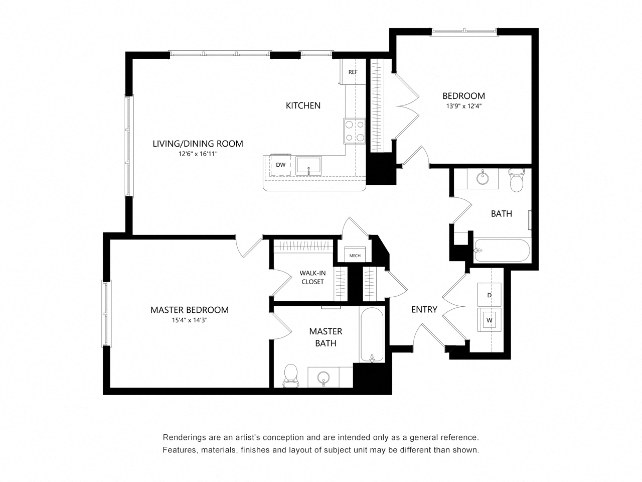 Floor plan for 2 beds, 2 baths, 1078 sqft
